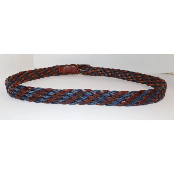 Ermenegildo Zegna Belt 42 Brown Braided Leather Blue Fabric Belt Silver Buckle